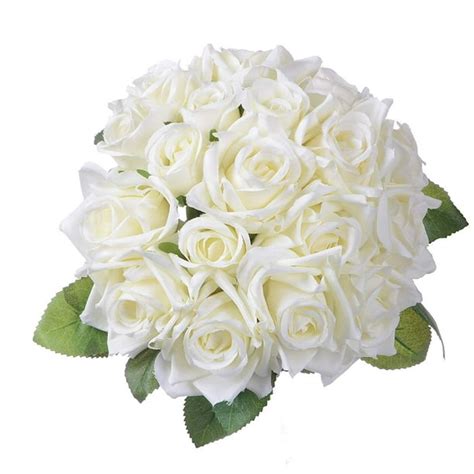 Artificial Flowers Rose Bouquet 2 Pack Fake Flowers Silk Plastic Artificial White Roses 18 Heads ...