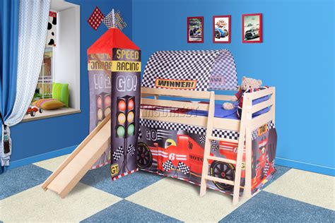 Foxhunter Wooden Mid Sleeper Cabin Bunk Bed Kids Tent Tower Slide 3ft