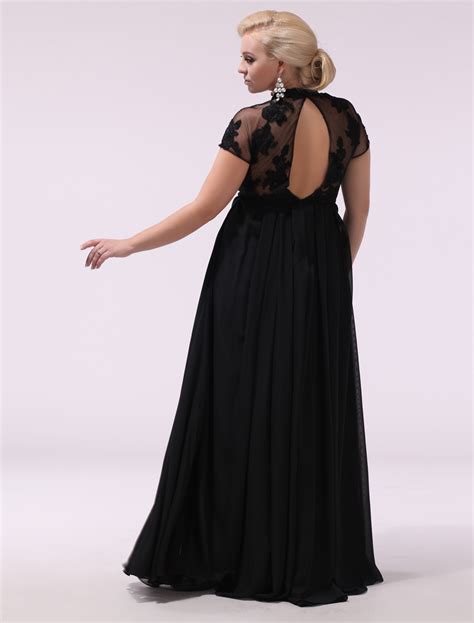 Black Prom Dresses Plus Size Evening Dress Chiffon Lace Applique