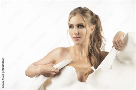 Beautiful Topless Girl Tears A Large Sheet Of White Whatman Paper And Covers With It Her Naked