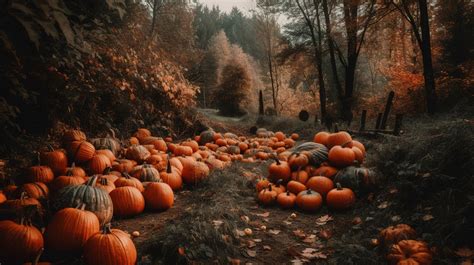 Several Pumpkins On A Forest Trail Background Fall Picture Aesthetic