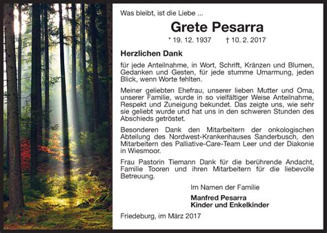 Traueranzeigen Von Grete Pesarra Nordwest Trauer De