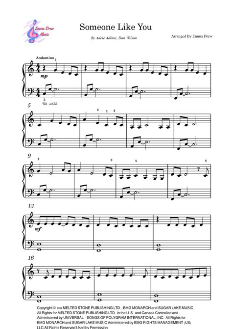 Someone Like You Arr Emma Drew By Adele Sheet Music For Piano Solo