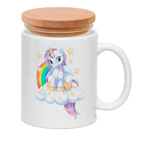 Caneca Porcelana Tampa Bambu Unicornio Fofinho Na Nuvem Arco