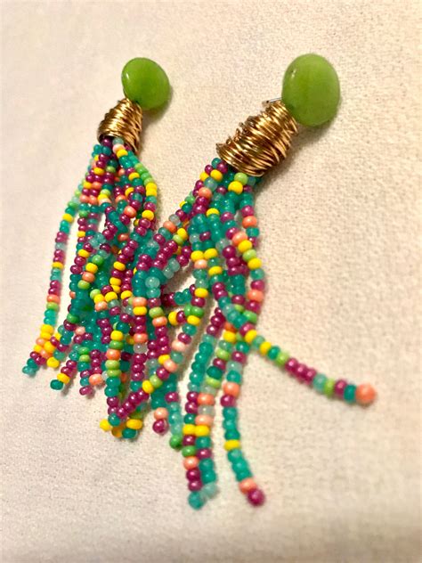 Lime Green Cheerful Colorful Seed Bead Tassel Earrings With Crystal