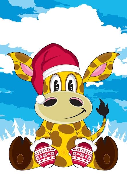 Bonito Personagem De Desenho Animado Papai Noel Natal Girafa Vetor