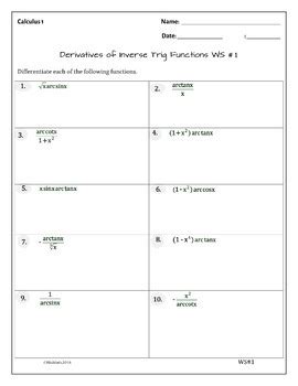 Derivatives Of Inverse Trig Functions 2 WS 20 Problems With Solutions