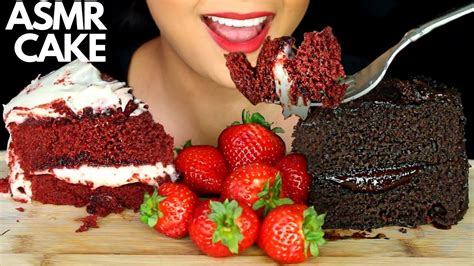 Asmr Red Velvet Vs Chocolate Fudge Cake And Strawberries Eating Sounds