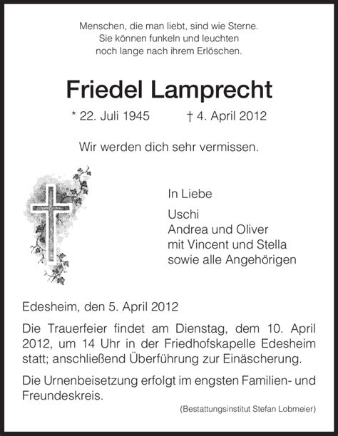 Traueranzeigen Von Friedel Lamprecht Trauer HNA De