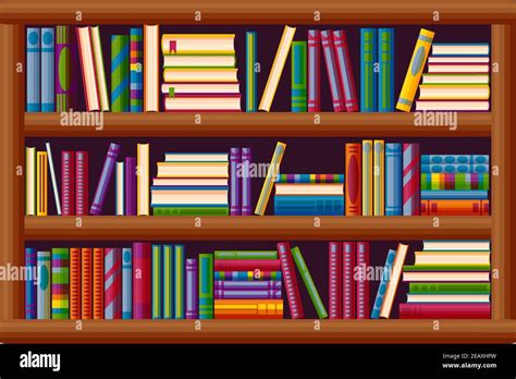 Bookcase In The Library Bestseller Bookshop In Cartoon Style Vector