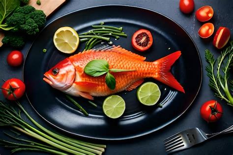 Un pescado está en un plato con un cuchillo y un tenedor Foto Premium