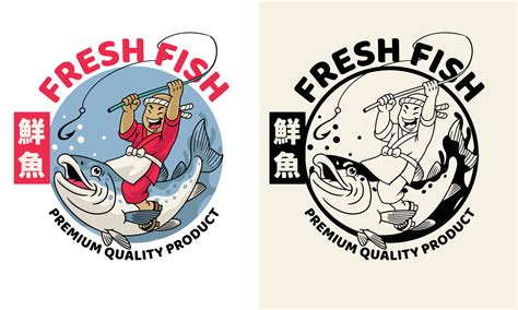 cartoon  japan fisherman fishing  salmon fish  vector art