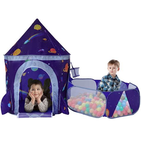 Lojeton 2pc Rocket Ship Kids Play Tent Ball Pit With Basketball Hoop