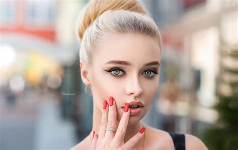 Face Portrait Blonde Maksim Romanov Eyeliner Women Red Nails Depth Of Field Hd Wallpaper