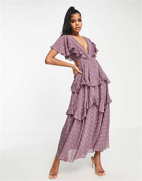 Asos Design Dobby Tiered Midi Dress With Lace Insert And Open Back In