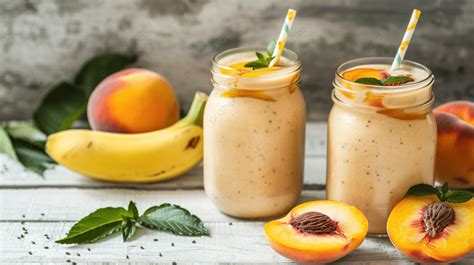 Banana Peach Nectarine Smoothie In Two Jars Fresh Fruit Milkshakes On