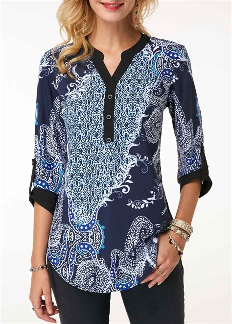 Split Neck Roll Tab Sleeve Curved Hem Blouse Usd 24 02