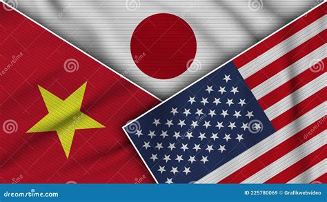 Japan United States Of America Vietnam Flags Together Fabric Texture