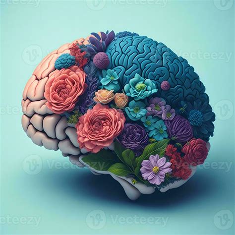 Human Brain With Flowers Mental Health And Self Care Idea Optimistic