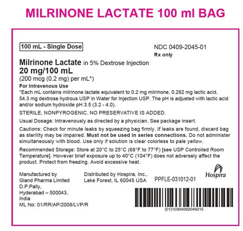 Dailymed Milrinone Lactate In Dextrose Injection Solution