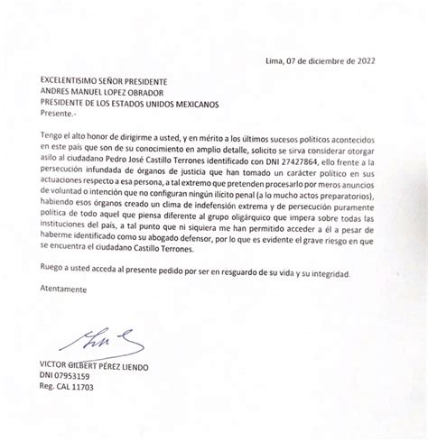 Pedro Castillo formalizó solicitud de asilo a México