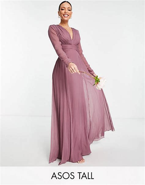 Asos Design Tall Bridesmaid Ruched Waist Maxi Dress With Long Sleeves