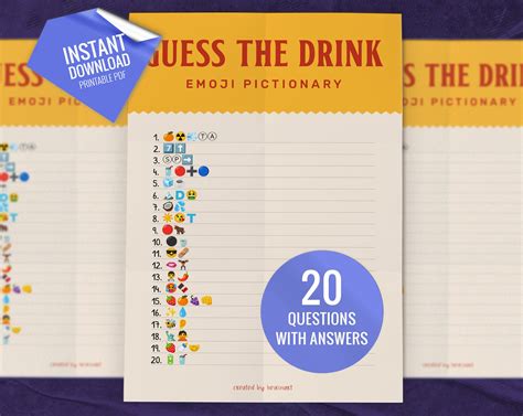 Guess the Drink Emoji Pictionary, Shower Games, Printable Party Games, Fun Family Activity ...