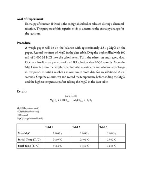 Lab Report Goal Of Experiment Enthalpy Of Reaction Hrxn Is The