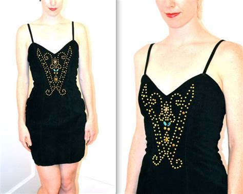 Vintage Black Sueded Leather Dress Size Small With Rhinestones Etsy