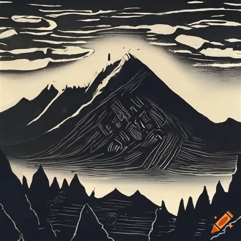 Linocut Of A Train Passing Through The Mountains On Craiyon