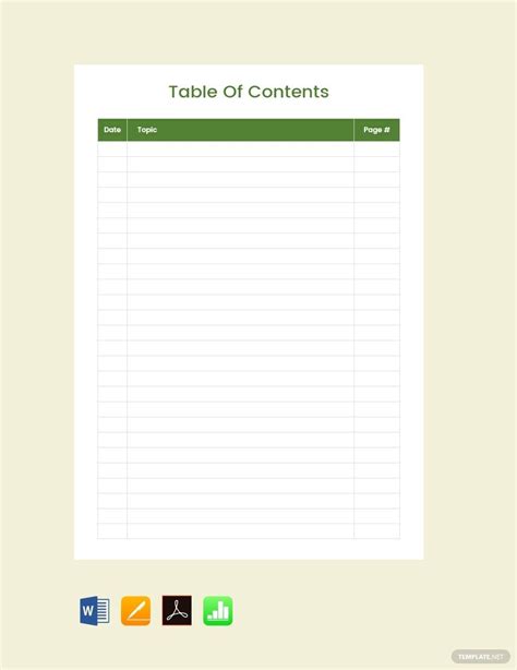 blank table  contents template  publisher word google docs pages