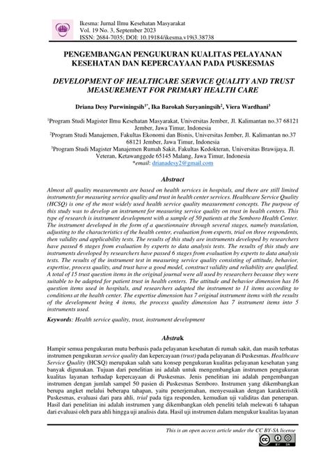 Pdf Pengembangan Pengukuran Kualitas Pelayanan Kesehatan Dan