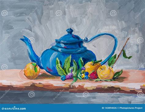 Still Life With Teapot And Fruits Stock Illustration Illustration Of Classic Culture 143894026