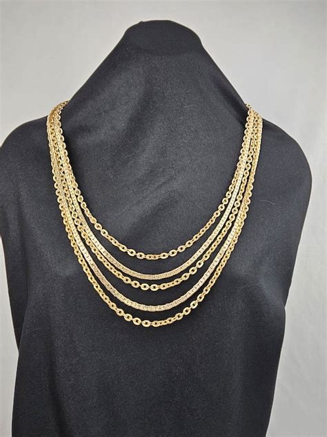 Vintage Monet Long Multi Strand Faux Gold Necklace V Gem