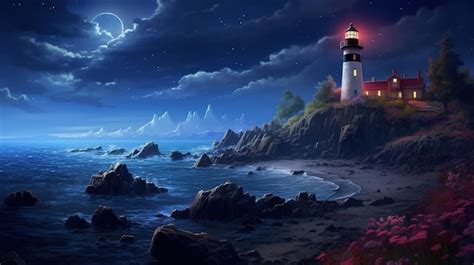 Premium AI Image | A painting of a lighthouse on a cloudy night.