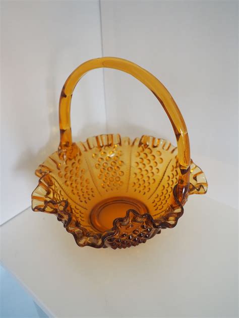 Vintage Yellow Gold Amber Fenton Hobnail Glass Basket Etsy