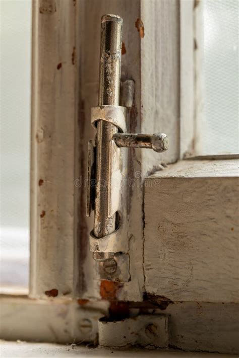 Old Metal Lock On A White Wooden Window Frame Old Wooden Window Frame