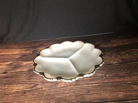 Vintage Anchor Hocking Milk Glass Round Relish Dish With Gold Etsy