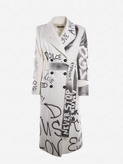 Dolce And Gabbana Wool And Angora Coat With All Over Graffiti Print In