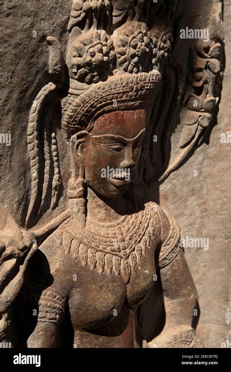 Carving Of Apsara Dancer With Original Color Angkor Wat Temple Siem