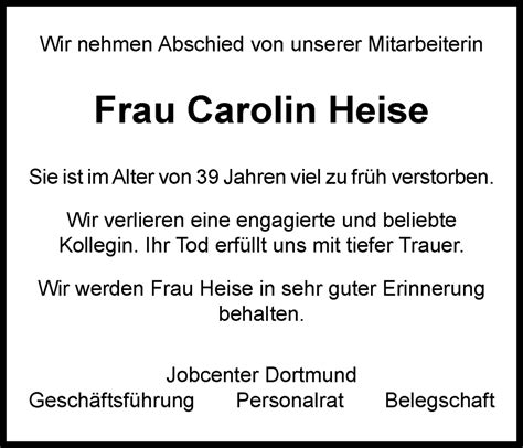 Traueranzeigen Von Carolin Heise Trauer In Nrw De