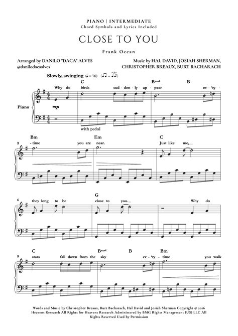 Close To You Arr Danilo Daca Alves By Frank Ocean Sheet Music For