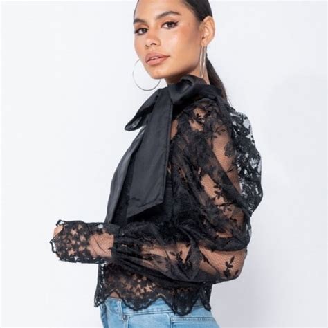 Tops Black Lace Long Puff Sleeve Pussy Bow Tie Blouse Poshmark