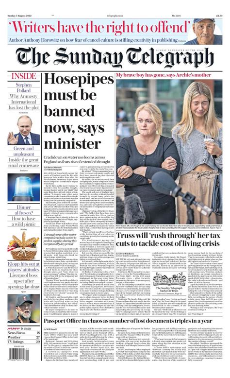 Sunday Telegraph Front Page 7th Of August 2022 Tomorrow S Papers Today