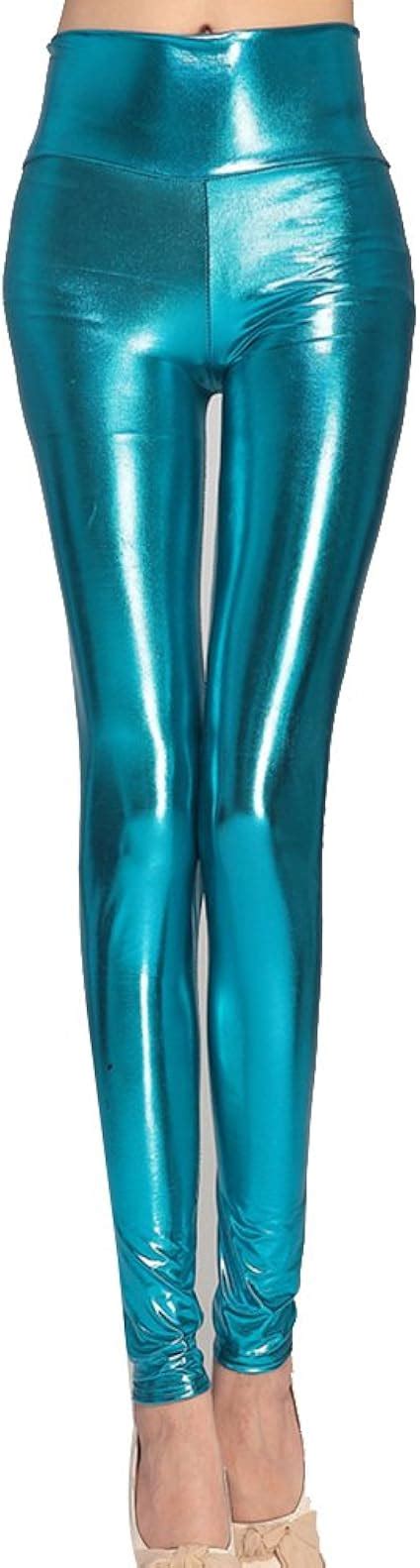 Damen Faux Pu Leder Leggins Hohe Taille Hose Metallic Shiny Glanz