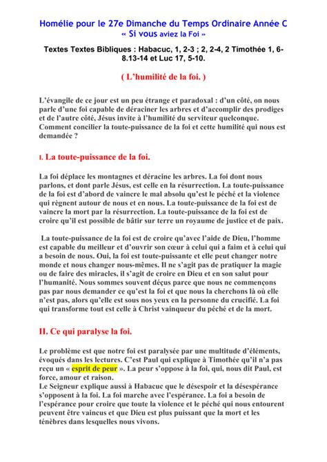 Homélie du 27 ème dimanche du temps ordinaire Année C