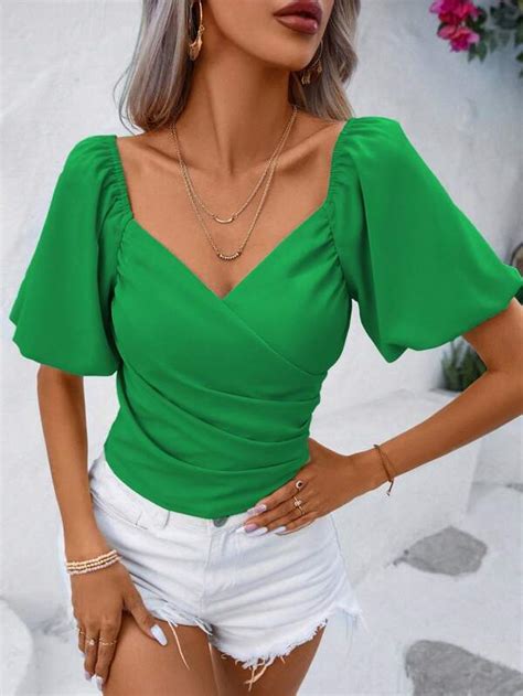 SHEIN Privé Sweetheart Neck Puff Sleeve Ruched Side Blouse SHEIN USA