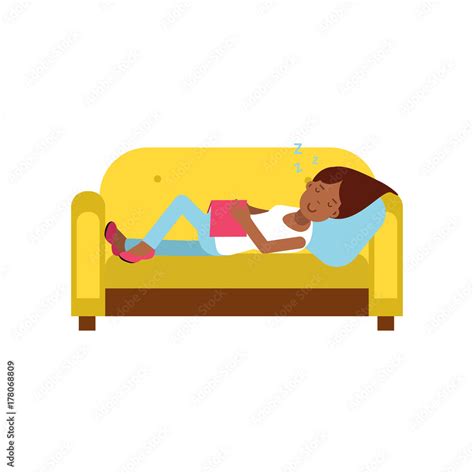 Beautiful Black Girl Sleeping On Yellow Sofa With Book Relaxing Person Cartoon Vector