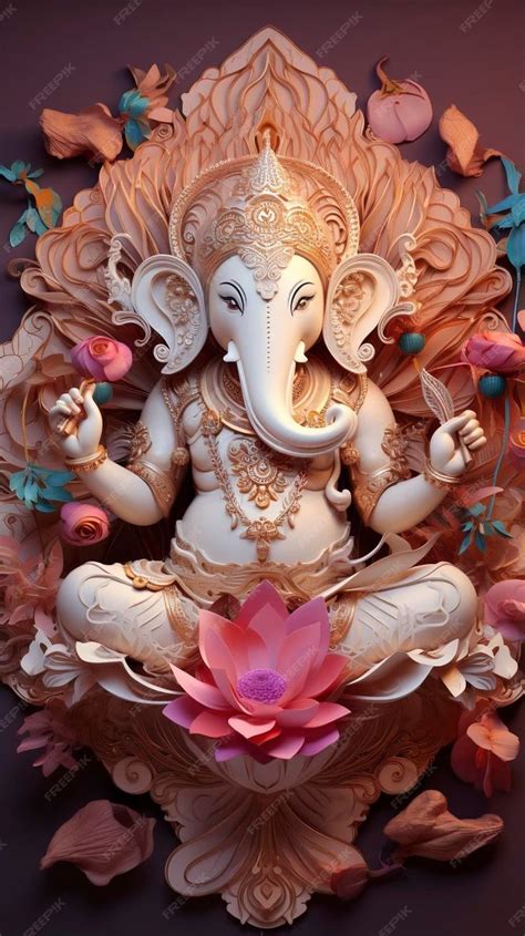 An Intricately Decorated Ganesha Statue With Pink Flowers And Leaves