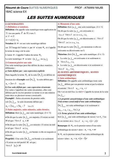 Les Suites Numériques Résumé De Cours 1 Alloschool